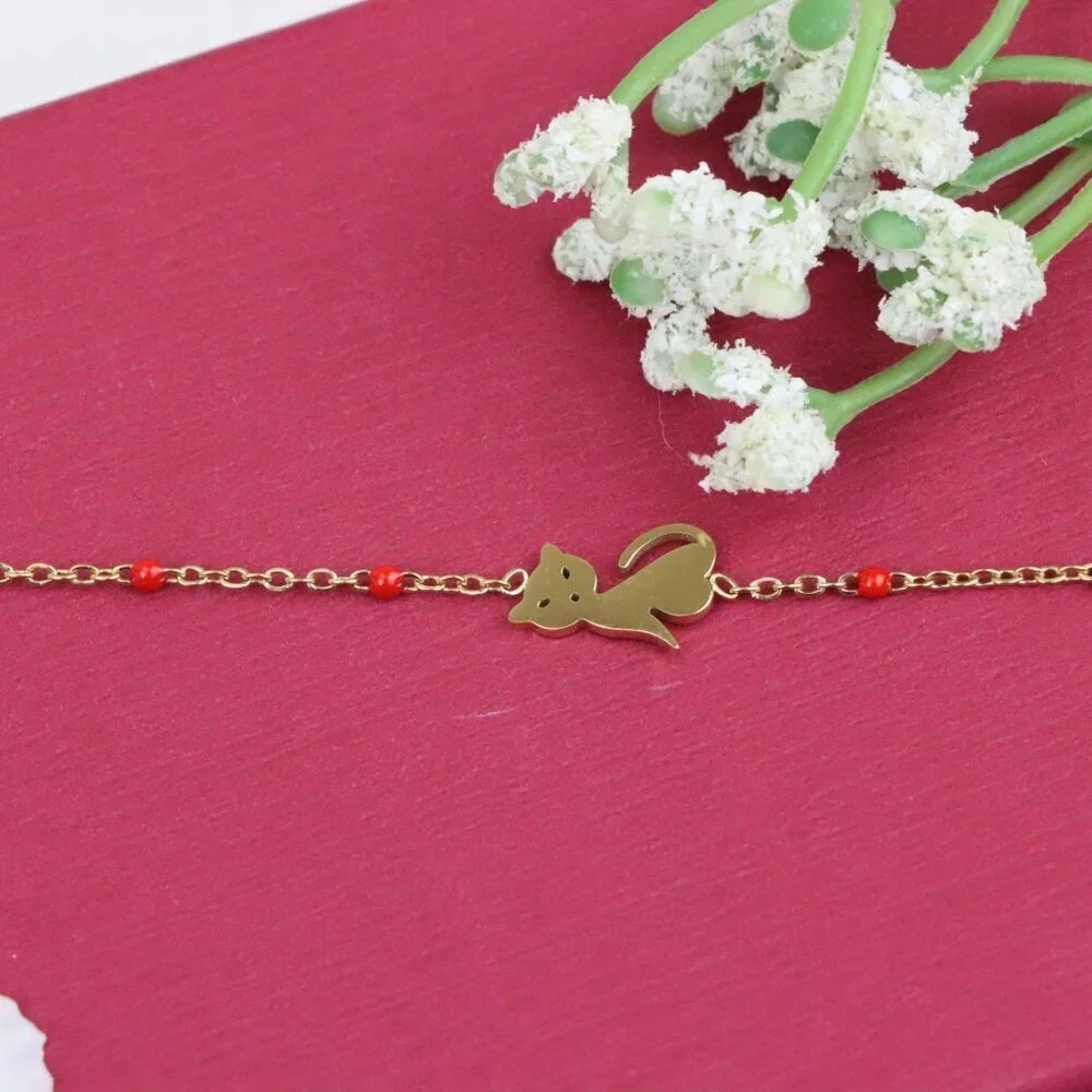 Charming Gold Plated Yellow Cat Bracelet with Red Beads, XPBL0663